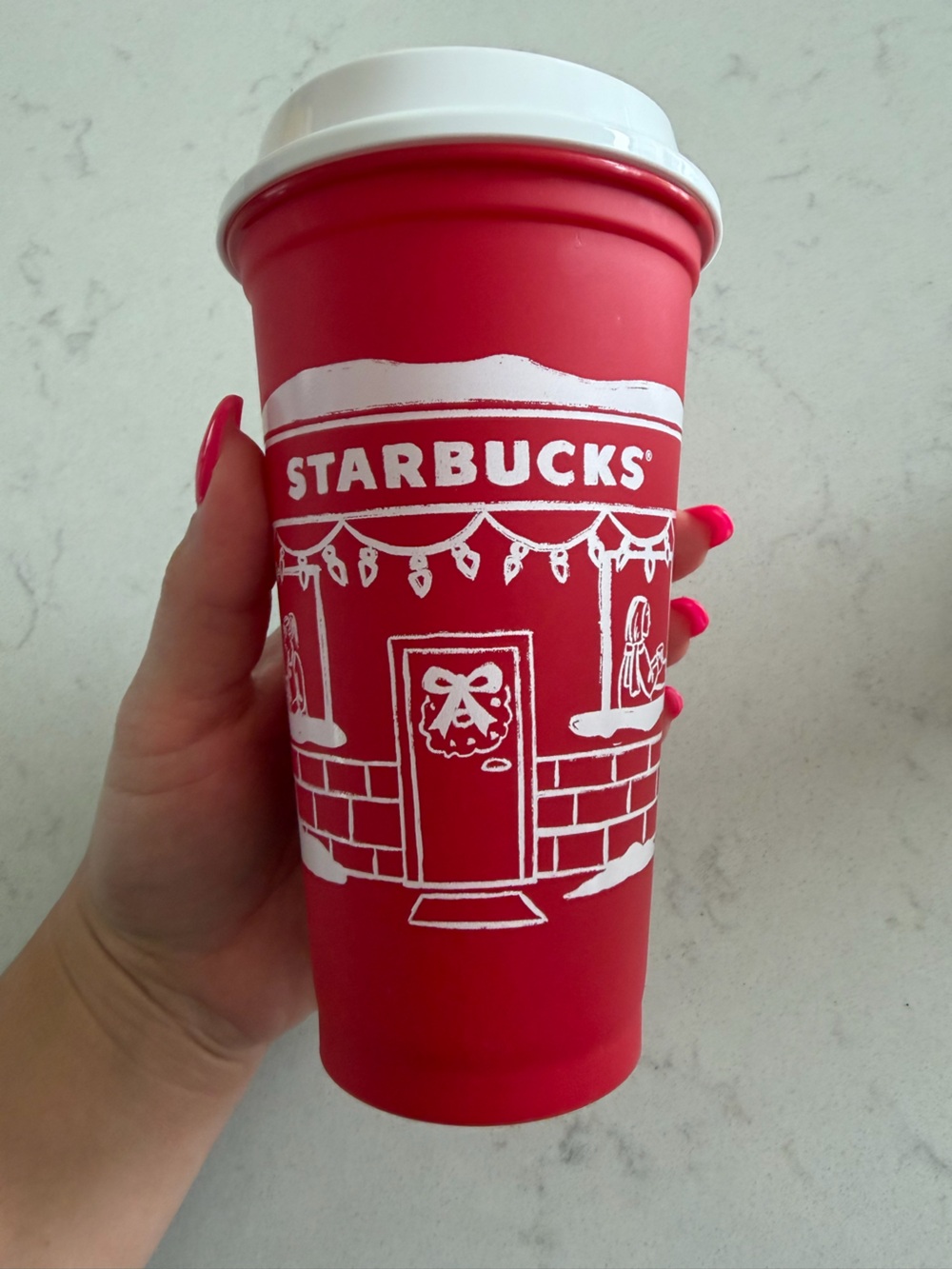 Starbucks Red Tumbler with White Holiday Graphics